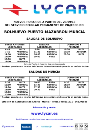 LYCAR HORARIOS BUS MAZARRON-MURCIA A PARTIR 23 SEPTIEMBRE 2013